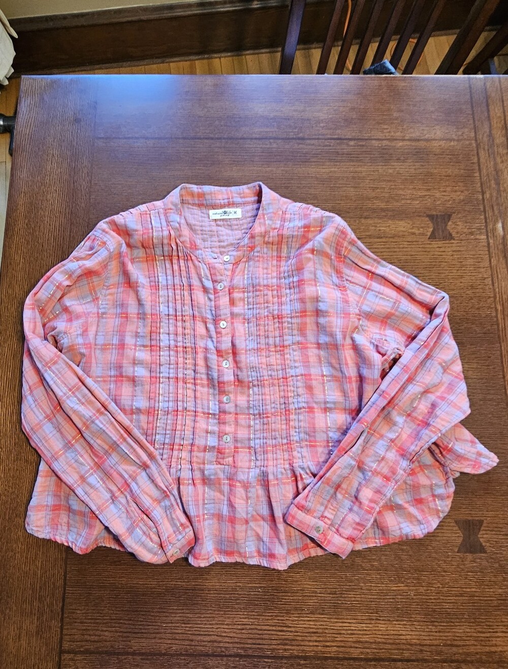 Natural Life Cotton Plaid Pleated Blouse Medium